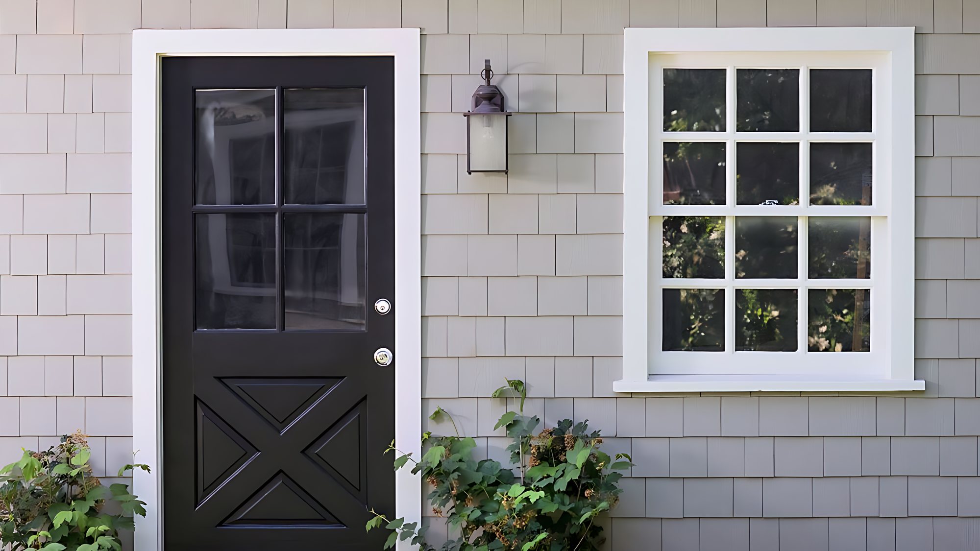 Black door and white-trimmed window on a shingled home