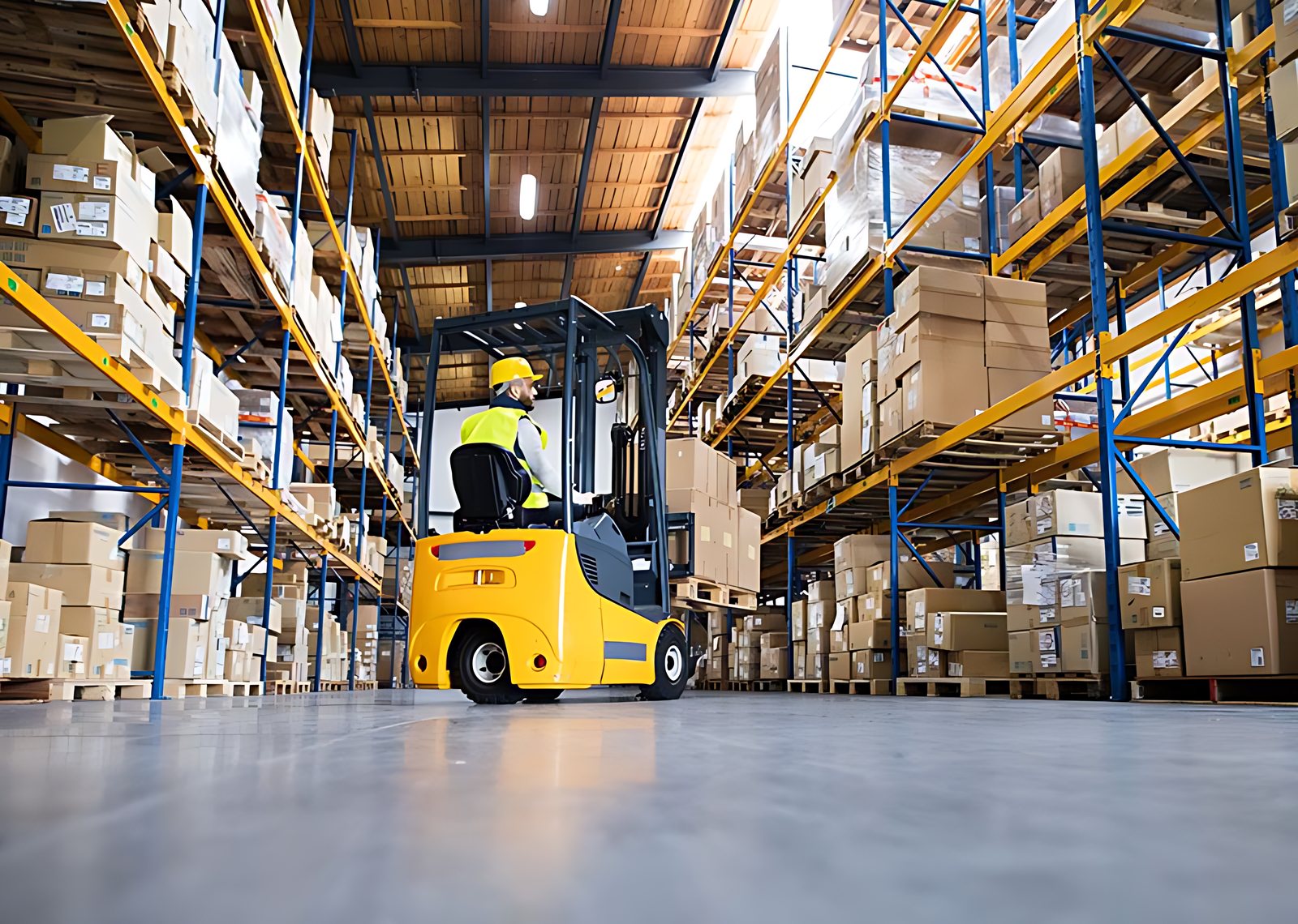Forklift operator in a stocked distribution warehouse