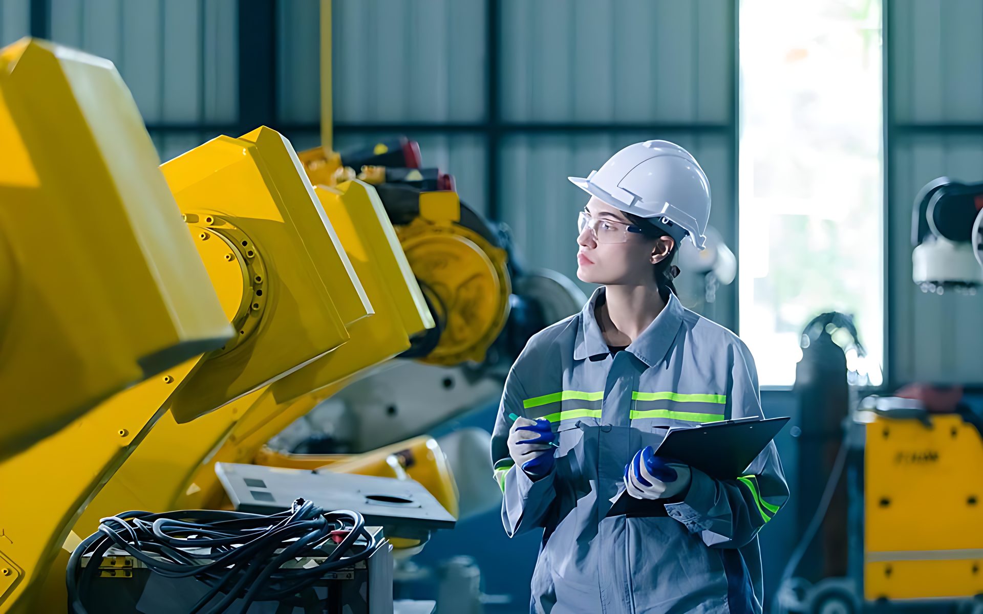 Engineer with a clipboard inspecting industrial robots